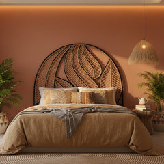 Siyah Yaprak Doğal Rattan Yatak Başlığı 180x170 cm