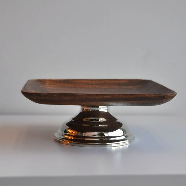 Ahşap Gümüş Ayak Detaylı Kare Sunum Tabağı